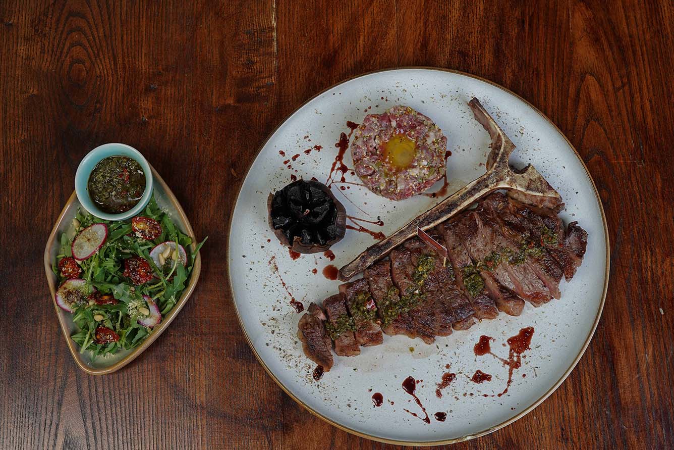 T BONE 2 WAYS (TARTARE FOR THE TENDERLOIN & GRILLED STRIPLOIN)