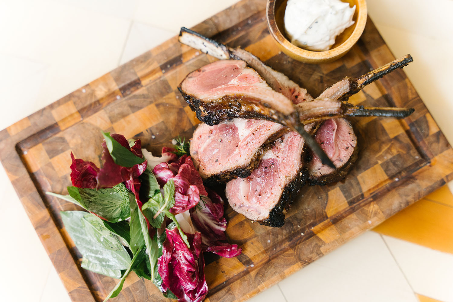 Grilled Lamb Rack, Smoked whipped tofu & Caramel shoyu, Charred broccolini